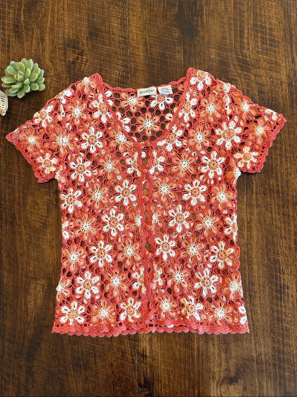 White Stag | VTG Crochet Daisy Floral Cardigan Top Coral Pink Orange, Size M